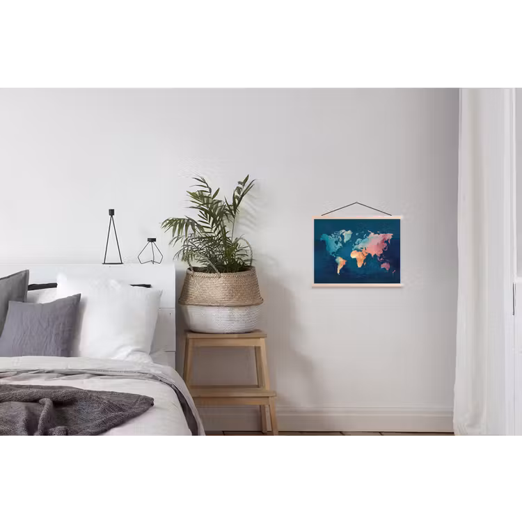 Pastel - Textuur - Wereldkaart textielposter latten blank klein -woonkamer