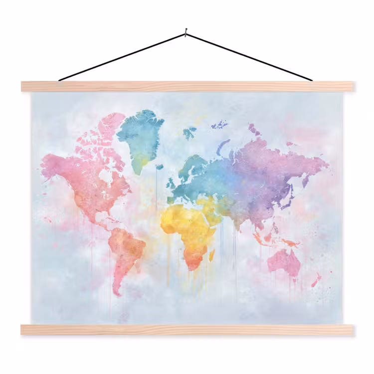 Pastel - Wereldkaart - Druppels textielposter latten blank klein -3d
