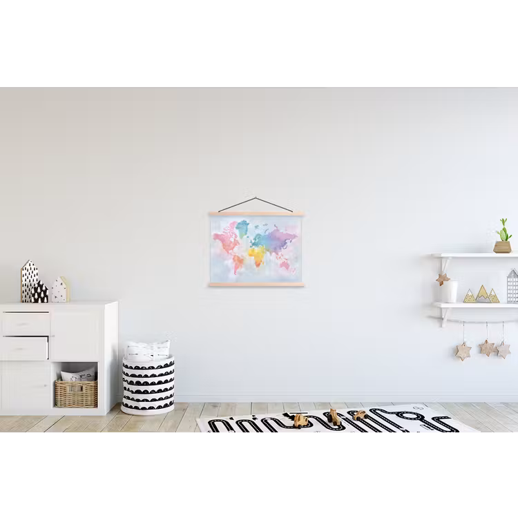 Pastel - Wereldkaart - Druppels textielposter latten blank klein -kinderkamer