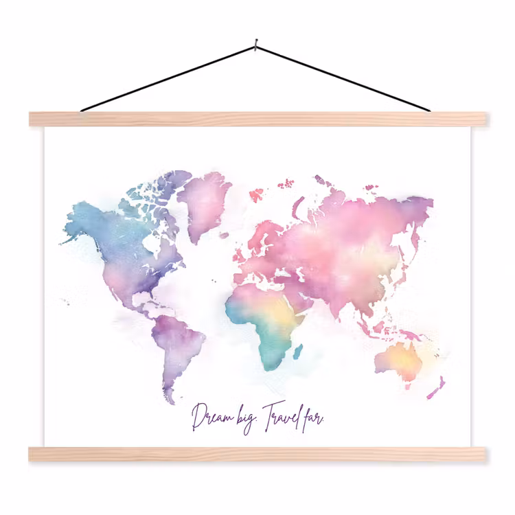 Pastel - Wereldkaart - Quote - Dream textielposter latten blank klein -3d