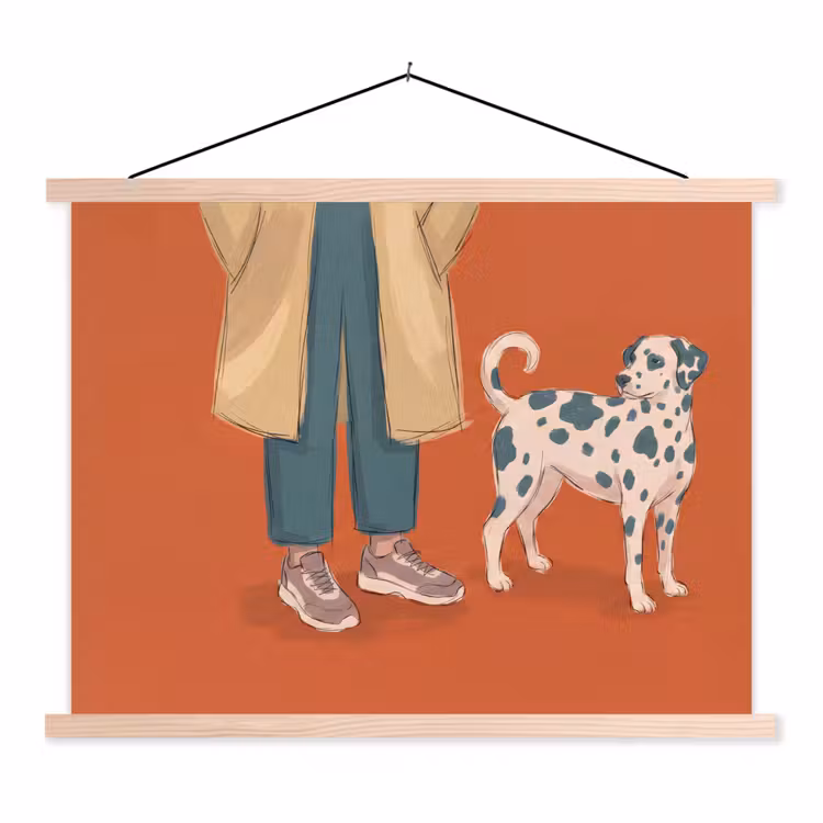 Persoon - Hond - Dieren - Illustratie - Modern textielposter latten blank klein -3d