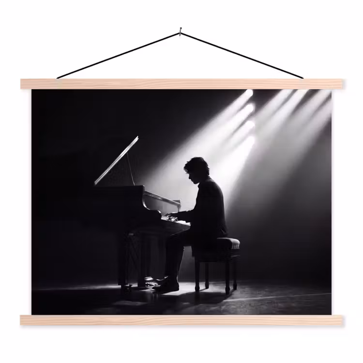 Persoon - Piano - Muziek - Zwart-wit - Podium textielposter latten blank klein -3d