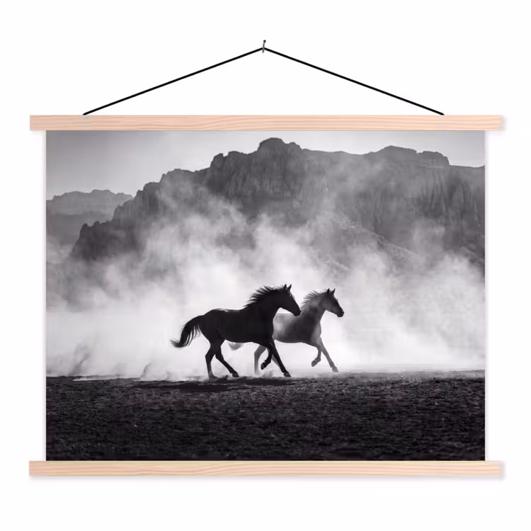 Paard - Ren - Stof - Zwart-wit - Dieren textielposter latten blank klein -3d