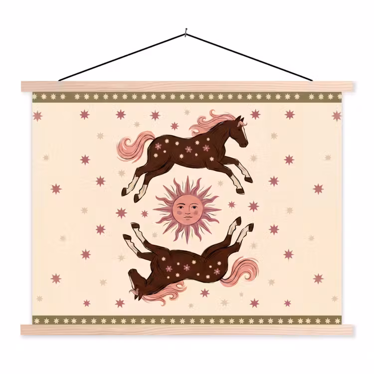 Paard - Zon - Mystiek - Illustratie - Roze textielposter latten blank klein -3d