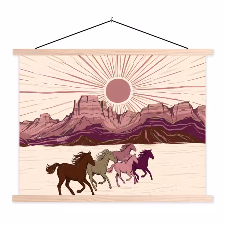 Paarden - Rennend - Woestijn - Natuur - Abstract textielposter latten blank klein -3d