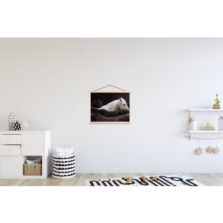 Paarden - Zwart - Wit - Kudde textielposter latten blank klein -kinderkamer