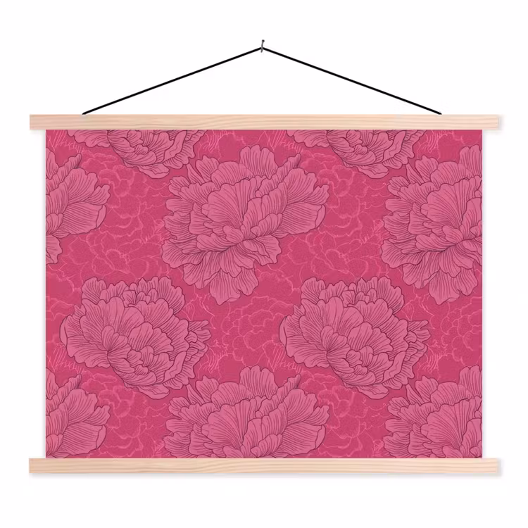 Pioenrozen - Energiek - Roze textielposter latten blank klein 122 -3d