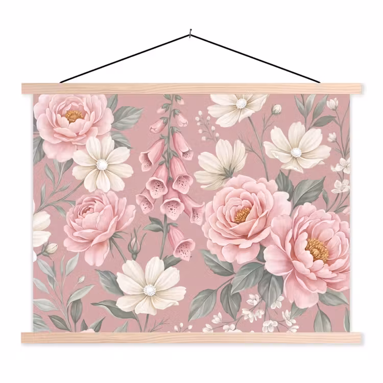 Pioenrozen - Vingerhoedskruid - Pink textielposter latten blank klein -3d