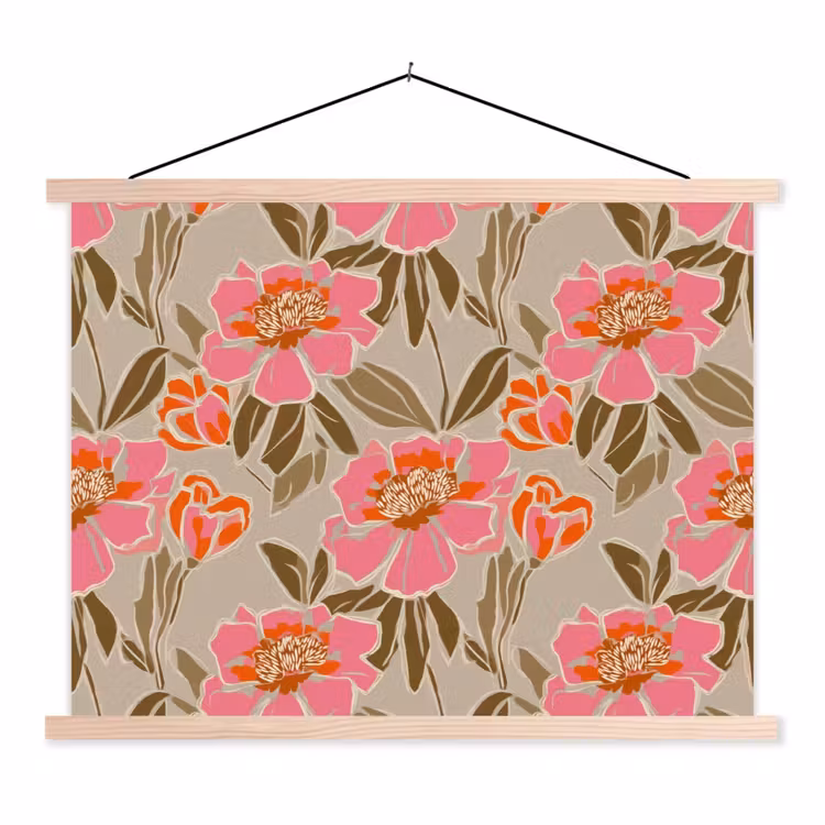 Pioenrozen - Patroon - Roze textielposter latten blank klein 122 -3d