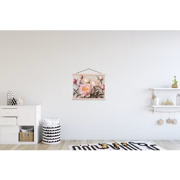 Pioenrozen - Boeket - Roze textielposter latten blank klein -kinderkamer