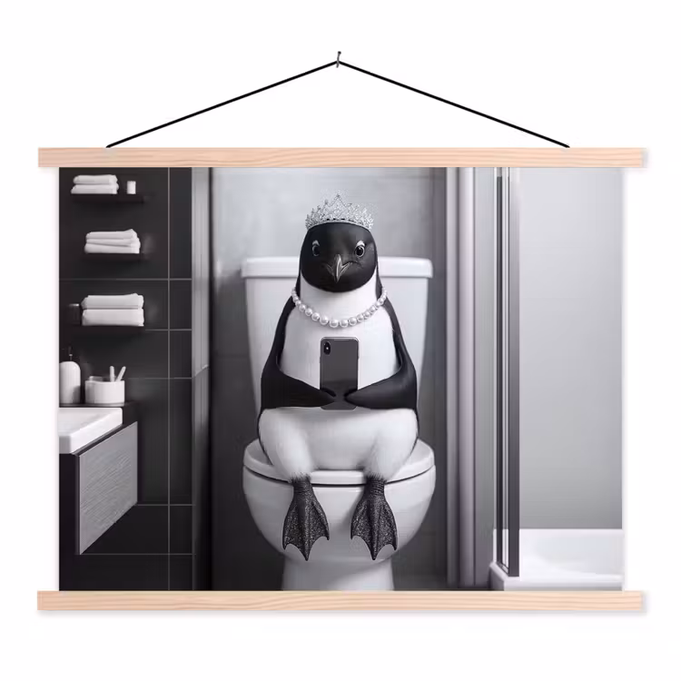 Pinguïn - Telefoon - Toilet - Zwart - Wit textielposter latten blank klein -3d