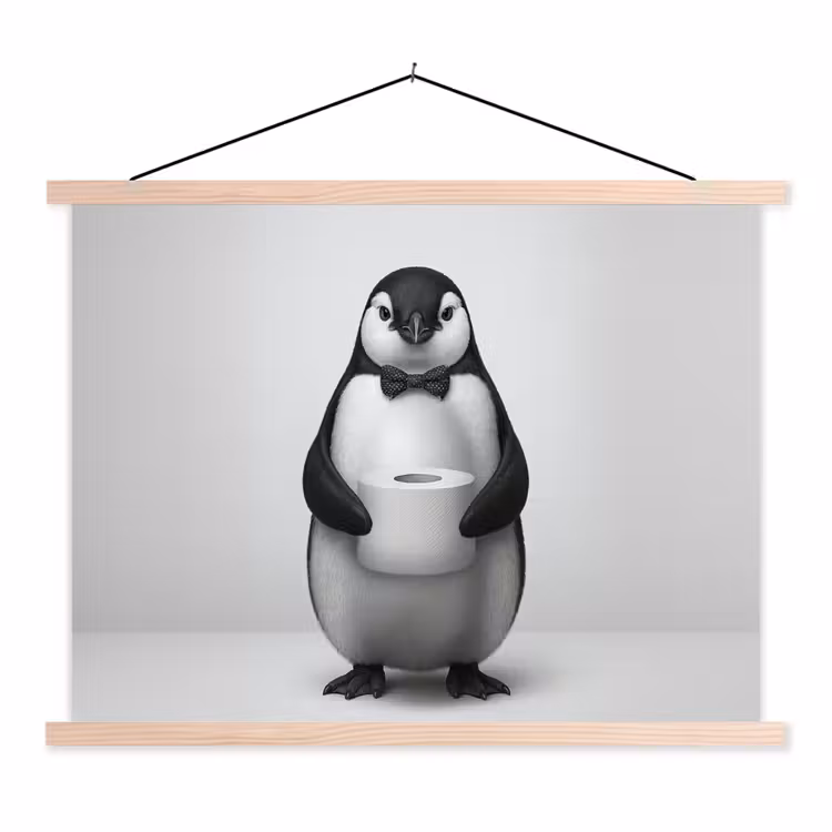 Pinguïn - WC rol - Wit textielposter latten blank klein -3d