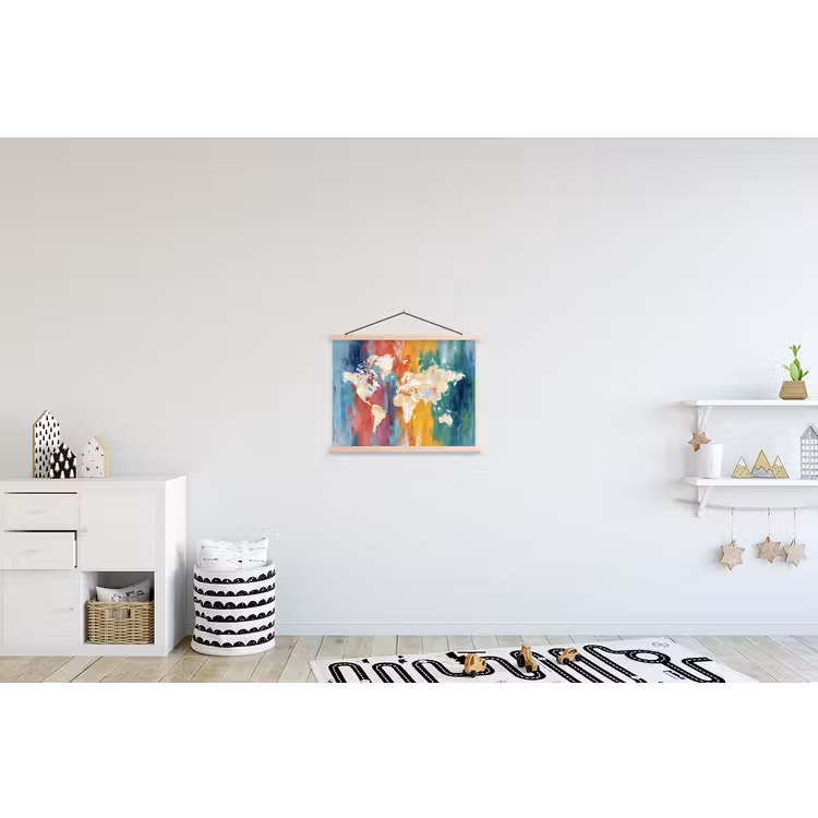 Penseelstreken - Kleurrijk - Schilderij - Wereldkaart textielposter latten blank klein -kinderkamer