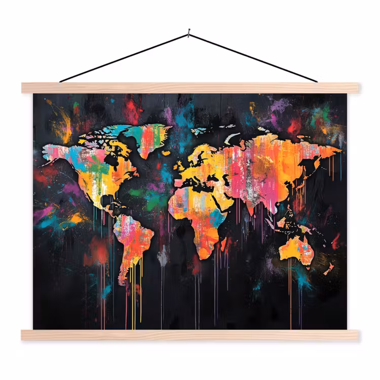Penseelstreken - Artistiek - Wereldkaart - Kleurrijk textielposter latten blank klein -3d