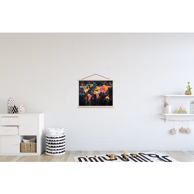 Penseelstreken - Artistiek - Wereldkaart - Kleurrijk textielposter latten blank klein -kinderkamer