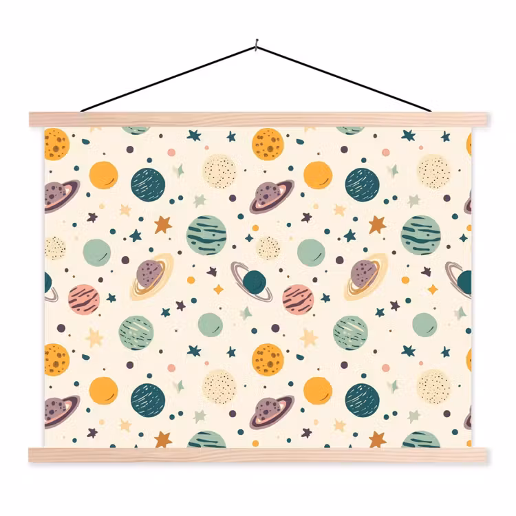Planeten - Retro - Kleurrijk textielposter latten blank klein 122 -3d