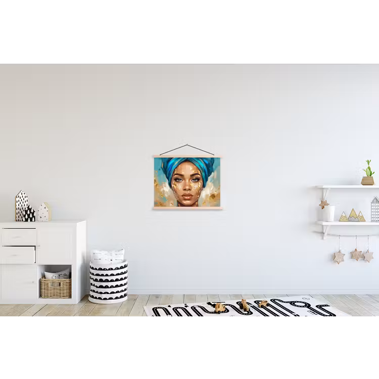 Portret - Vrouw - Schilderij - Blauw - Goud - Expressief textielposter latten blank klein -kinderkamer