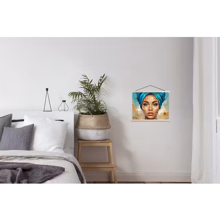 Portret - Vrouw - Schilderij - Blauw - Goud - Expressief textielposter latten blank klein -woonkamer