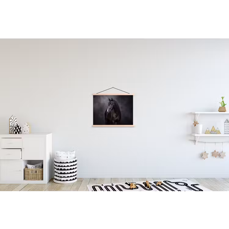 Portret - Paard - Zwart textielposter latten blank klein -kinderkamer