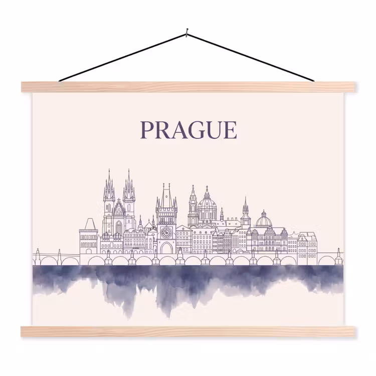 Praag - Skyline - Architectuur - Blauw textielposter latten blank klein -3d