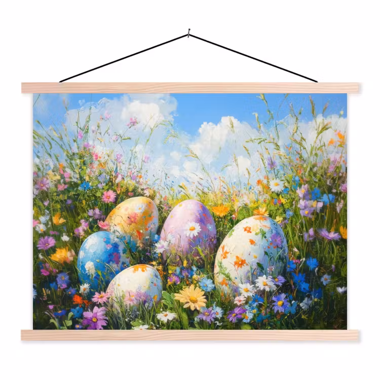 Grasveld - Eieren - Bloemen textielposter latten blank klein -3d