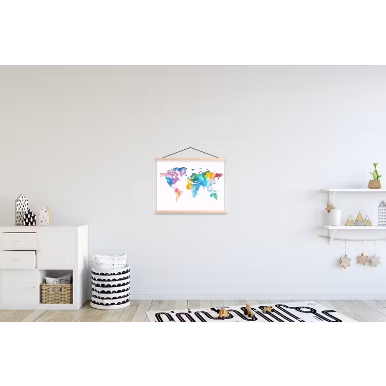 Regenboog - Wereldkaart - Aquarel textielposter latten blank klein -kinderkamer