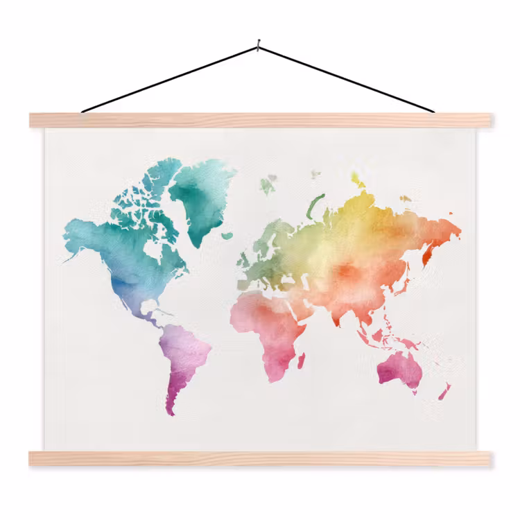 Regenboog - Wereldkaart - Overloop textielposter latten blank klein -3d