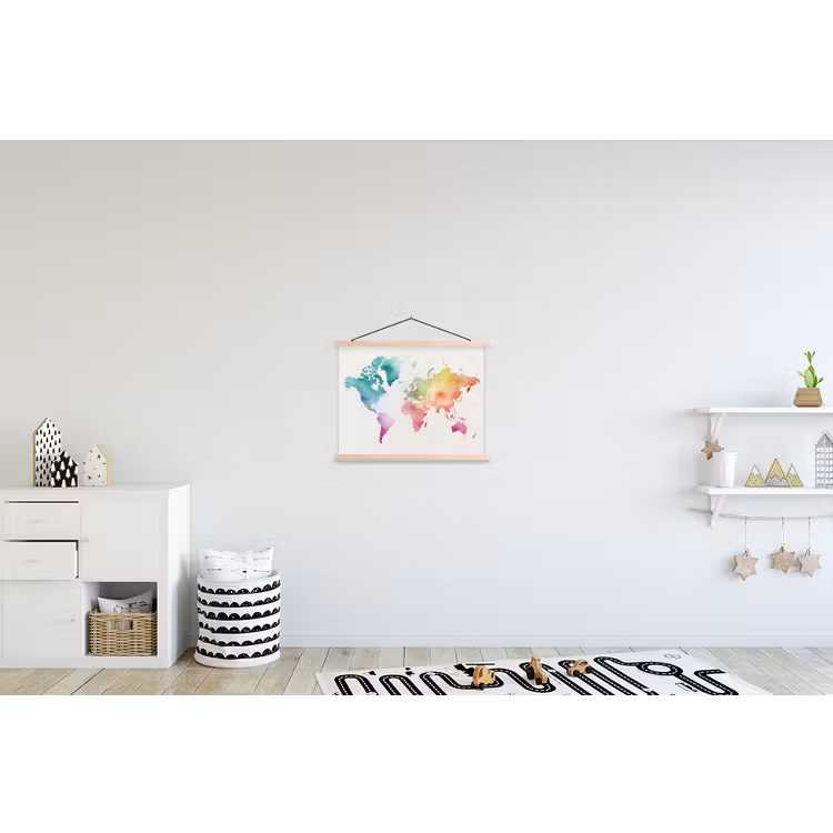 Regenboog - Wereldkaart - Overloop textielposter latten blank klein -kinderkamer