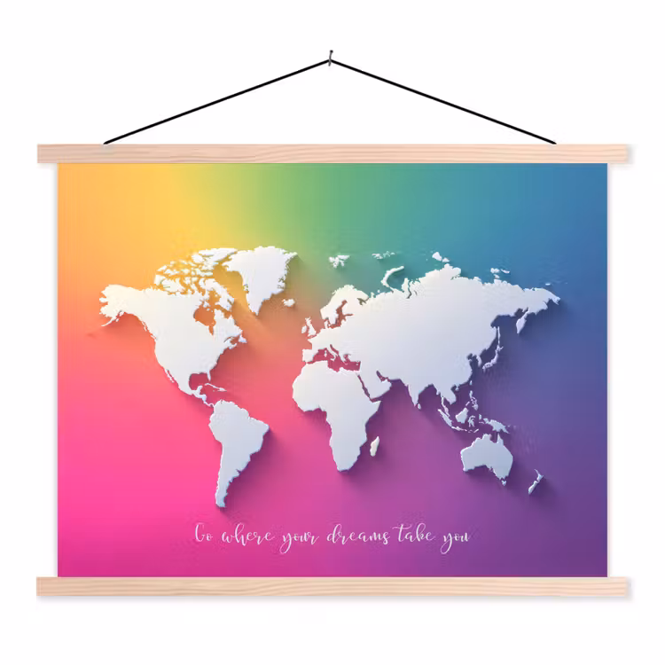 Regenboog - Quote - Wereldkaart - Dream textielposter latten blank klein -3d