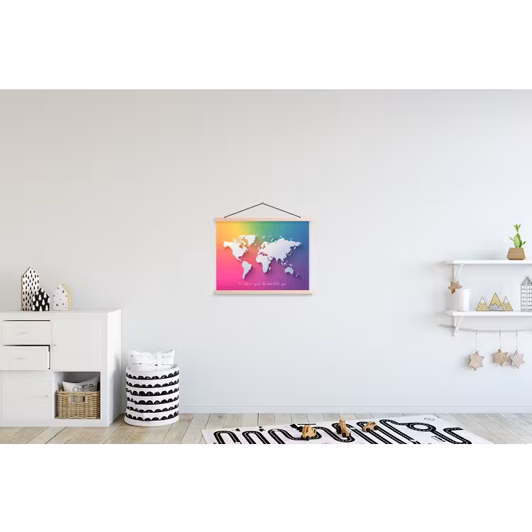 Regenboog - Quote - Wereldkaart - Dream textielposter latten blank klein -kinderkamer