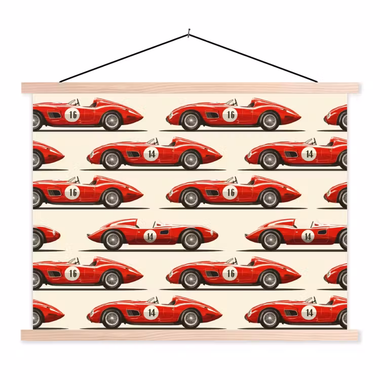 Raceauto - Retro - Rood textielposter latten blank klein 122 -3d