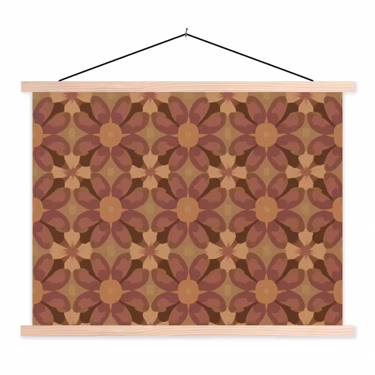 Retro - Bloemen - Bruin textielposter latten blank klein 122 -3d