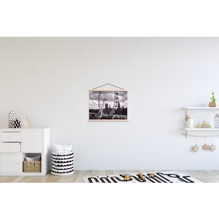Reuzenrad - Klokkentoren - Architectuur - Zwart-wit - Stad textielposter latten blank klein -kinderkamer