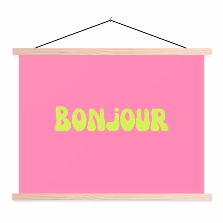 Roze - Groene bonjour - Organisch textielposter latten blank klein -3d