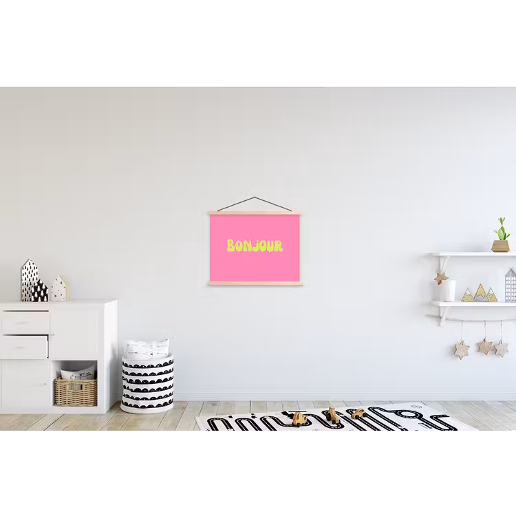 Roze - Groene bonjour - Organisch textielposter latten blank klein -kinderkamer