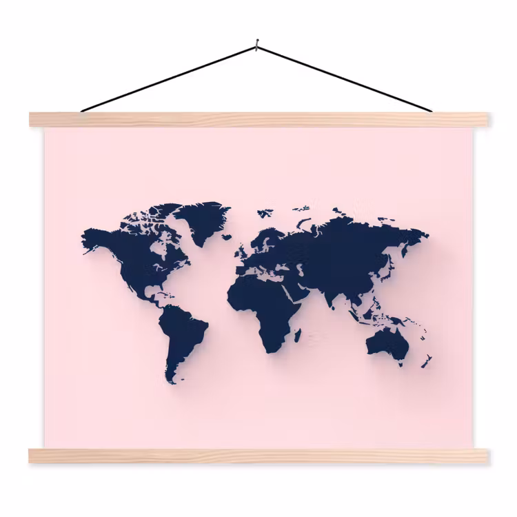 Roze - Contrast - Blauw - Wereldkaart textielposter latten blank klein -3d