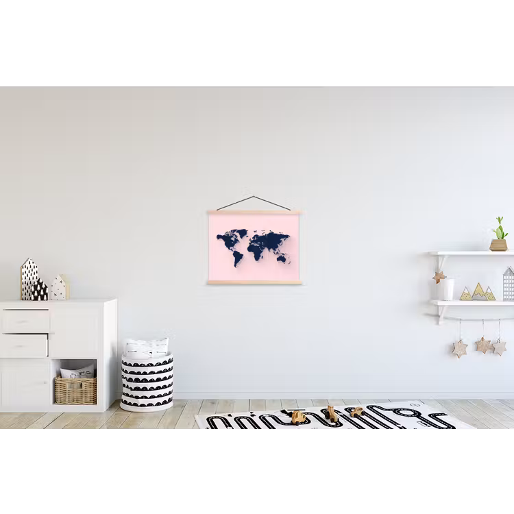 Roze - Contrast - Blauw - Wereldkaart textielposter latten blank klein -kinderkamer
