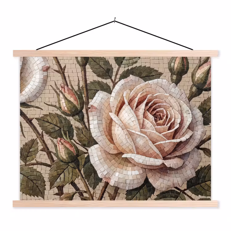 Roos - Mozaïek - Bloemen - Klassiek - Beige textielposter latten blank klein -3d