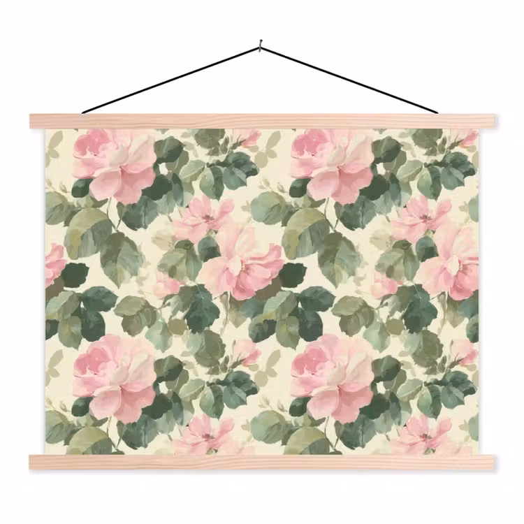 Rozen - Botanisch - Roze textielposter latten blank klein 122 -3d