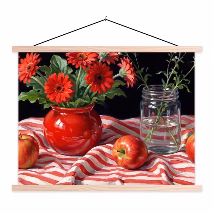 Stoffbild - Rote Blumen – Vase - Rode bloemen - Vaas textielposter latten blank klein