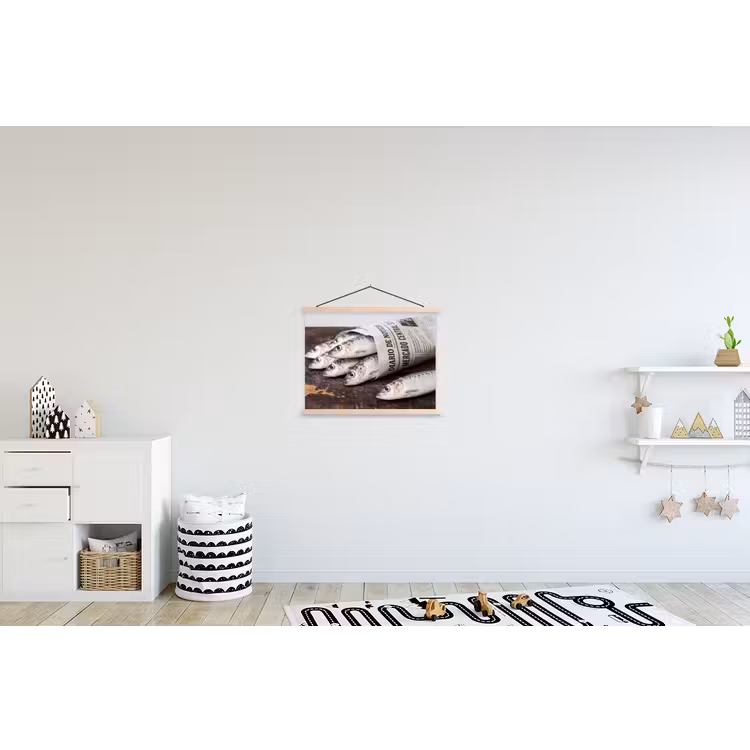 Stoffbild - Sardine – Zeitung – Schneidebrett - Sardientje - krant - snijplank textielposter latten blank klein