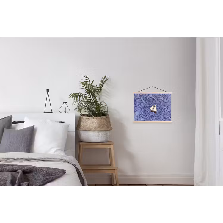 Schip - Golven - Zee - Illustratie - Blauw textielposter latten blank klein -woonkamer