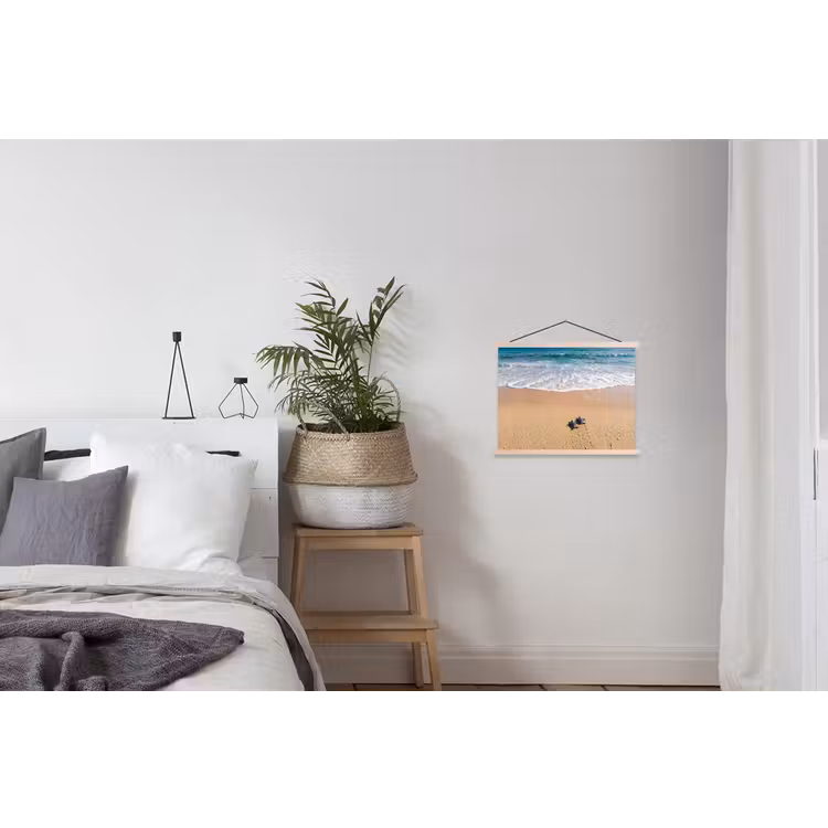 Schildpad - Jong - Strand - Oceaan - Blauw textielposter latten blank klein -woonkamer