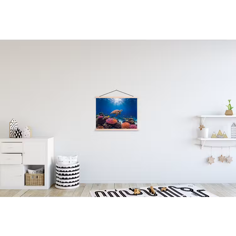 Schildpad - Koraalrif - Oceaan - Dieren - Blauw textielposter latten blank klein -kinderkamer