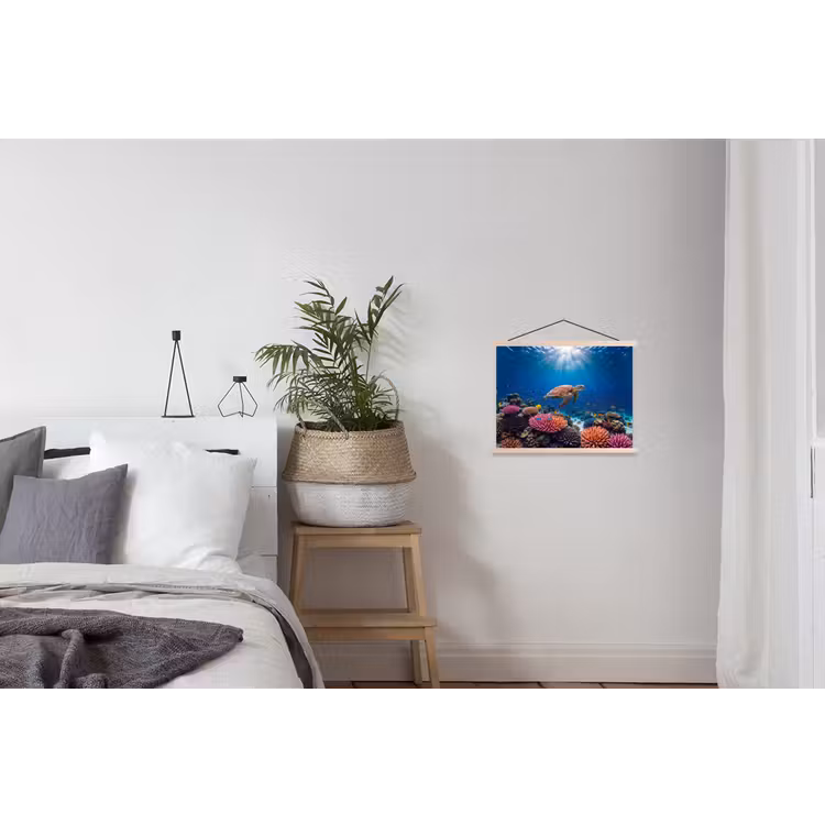 Schildpad - Koraalrif - Oceaan - Dieren - Blauw textielposter latten blank klein -woonkamer