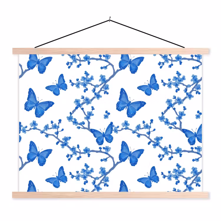 Vlinder - Bloemen - Blauw textielposter latten blank klein 122 -3d