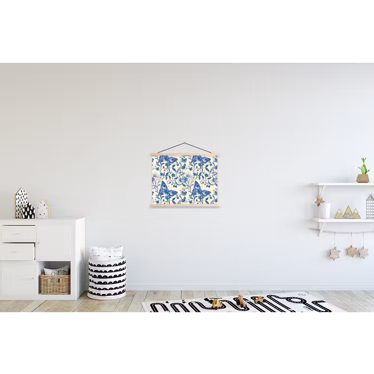 Vlinders - Bloemen - Blauw - Botanisch textielposter latten blank klein 122 -kinderkamer