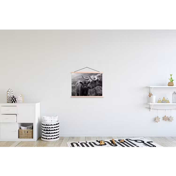 Schotse hooglander - Kalf - Zwart - Wit textielposter latten blank klein -kinderkamer