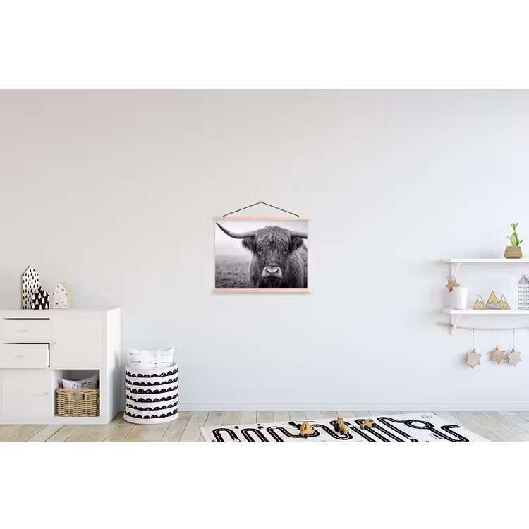 Schotse hooglander - Zwart - Wit - Gras textielposter latten blank klein -kinderkamer