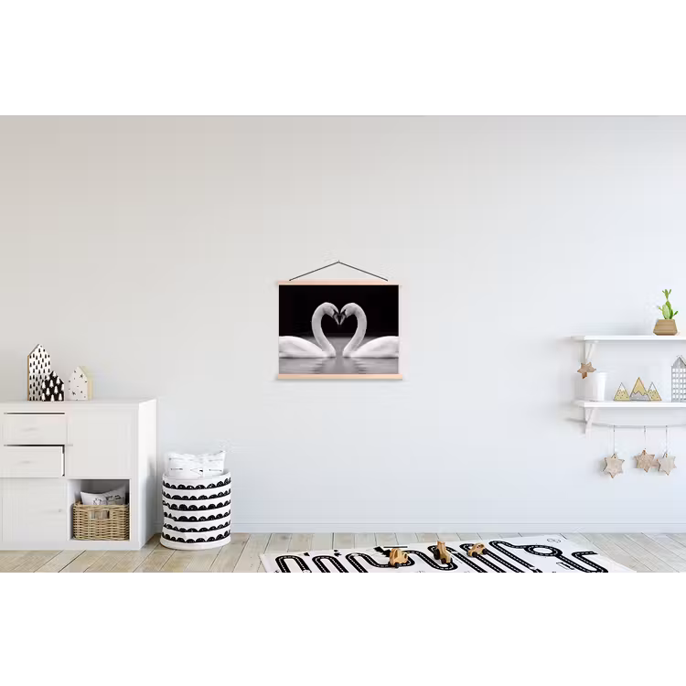 Zwanen - Hart - Zwart - Wit textielposter latten blank klein -kinderkamer